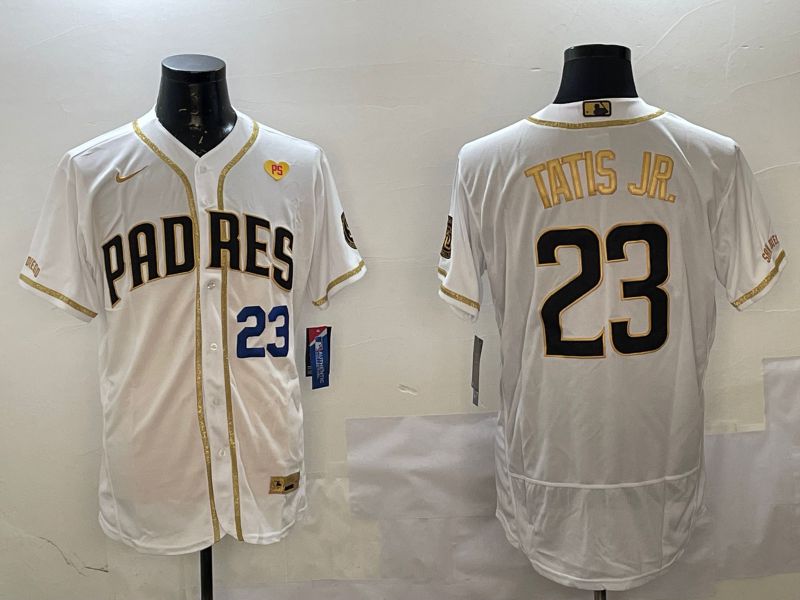 Men San Diego Padres 23 Tatis jr White Gold Elite 2025 Nike MLB Jersey style 7